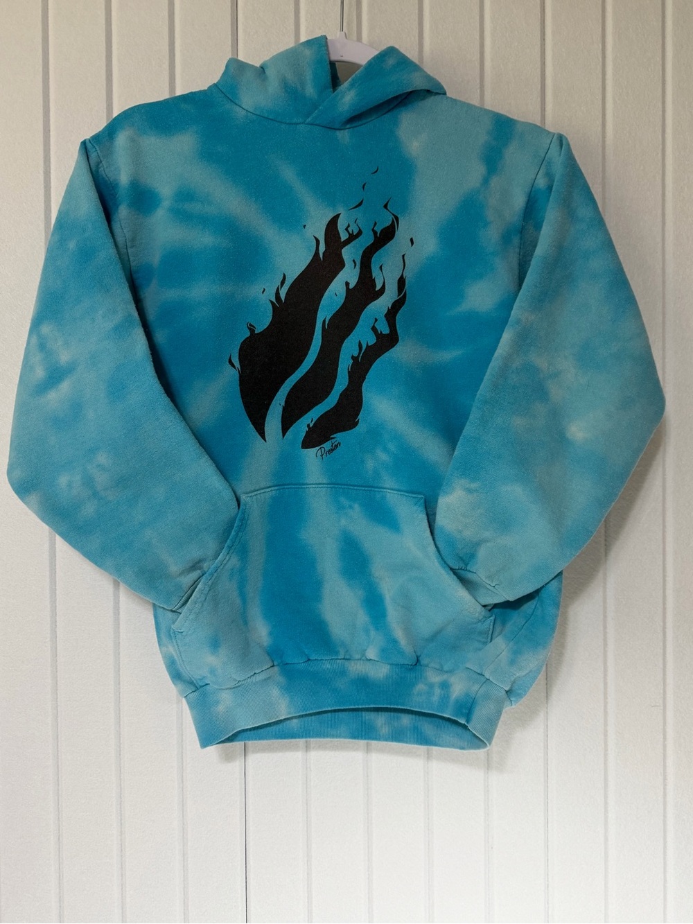 Preston Plays Fire Merch Yoirh Blue Tie-Dye Hoodie with Black Flame Graphic